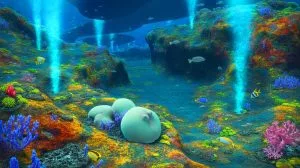 Illustration of an underwater volcano near Vancouver Island revealing giant eggs of the Pacific white skate.