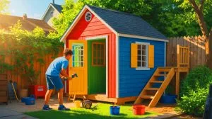 Illustration of a 14-year-old transforming a garden shed into a playhouse for his sister during lockdown.