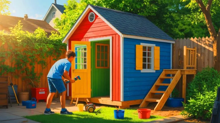 Illustration of a 14-year-old transforming a garden shed into a playhouse for his sister during lockdown.