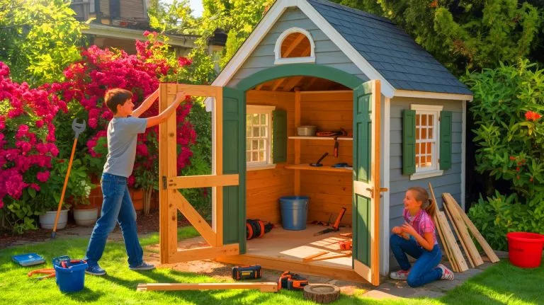Illustration of a 14-year-old boy transforming a garden shed into a miniature house for his sister.