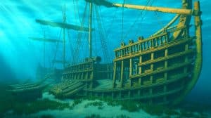 Illustration of the Gribshunden shipwreck, revealing its medieval naval artillery and carvel-built structure.