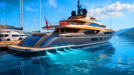 Illustration of the superyacht Eclipse docked at a Turkish port consuming diesel fuel to maintain its luxurious interiors.