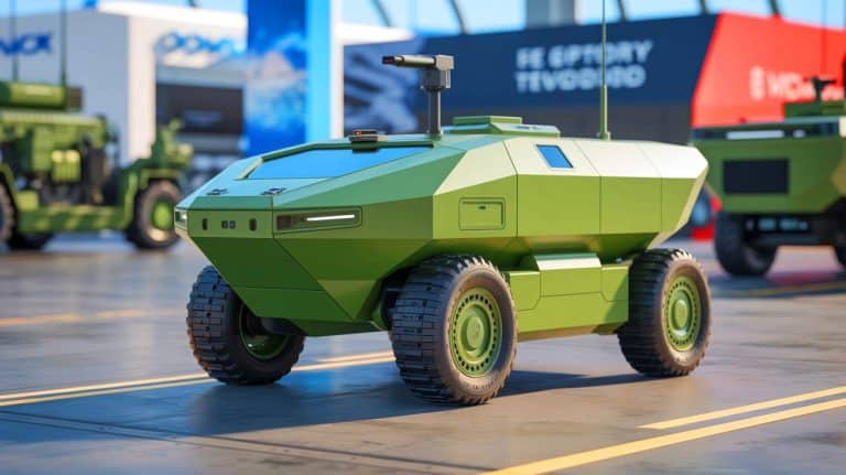 These European Military Robots Refuel in 3 Minutes and Carry 2-Ton Payloads While Producing Zero Combat Emissions Illustration of a hydrogen-powered unmanned ground vehicle named Hermione at a defense industry exhibition.