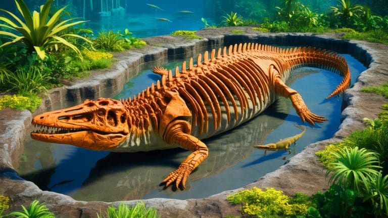 Illustration of the fossilized remains of Lariosaurus valceresii with preserved skin and scales.