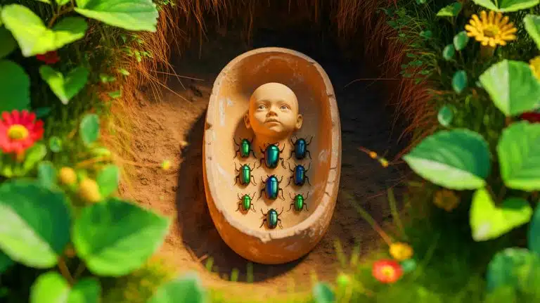 Illustration of a 2,500-year-old child's burial site with beetle exoskeleton fragments.