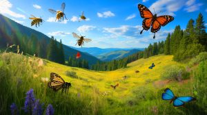 Illustration of a dramatic decline in flying insect populations in a remote Colorado meadow due to rising temperatures.