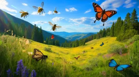 Illustration of a dramatic decline in flying insect populations in a remote Colorado meadow due to rising temperatures.
