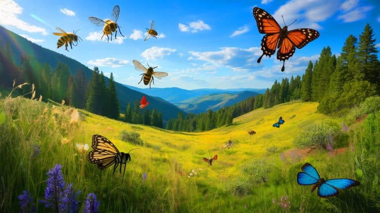 Illustration of a dramatic decline in flying insect populations in a remote Colorado meadow due to rising temperatures.