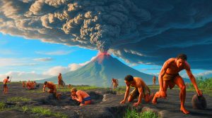 Illustration of the Toba supereruption's impact on early human populations and their adaptability.