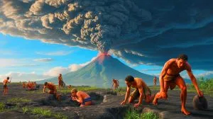 Illustration of the Toba supereruption's impact on early human populations and their adaptability.