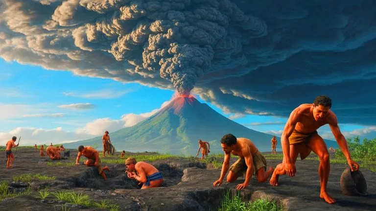 Illustration of the Toba supereruption's impact on early human populations and their adaptability.