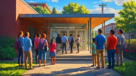 Illustration of Mark Zuckerberg and Priscilla Chan at the Primary School they founded for underprivileged children.