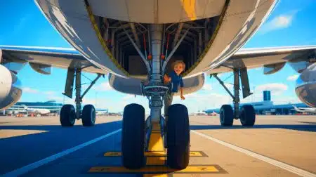 Illustration of a young stowaway emerging from an aircraft's landing gear compartment.