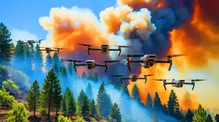 Illustration of a swarm of AI-powered drones capturing 3D models of wildfire smoke plumes.