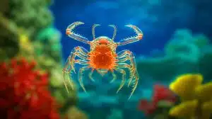 Illustration of the elusive Facetotecta crustacean in its larval stage, highlighting its translucent body and hooked appendages.