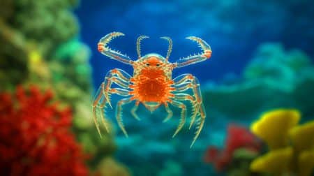 Illustration of the elusive Facetotecta crustacean in its larval stage, highlighting its translucent body and hooked appendages.