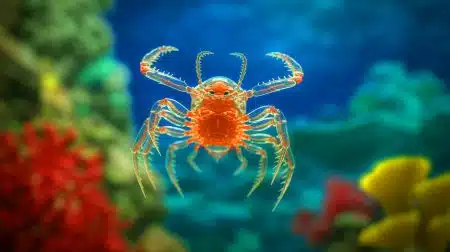 Illustration of the elusive Facetotecta crustacean in its larval stage, highlighting its translucent body and hooked appendages.