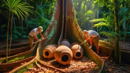 Illustration of archaeologists uncovering massive ceramic urns beneath a fallen tree in the Brazilian Amazon.