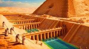 Illustration of the advanced hydraulic engineering system used by ancient Egyptians to construct the Pyramid of Djoser.