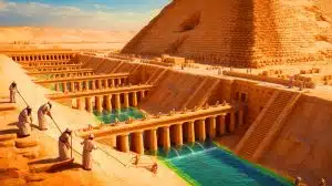 Illustration of the advanced hydraulic engineering system used by ancient Egyptians to construct the Pyramid of Djoser.