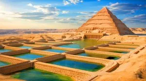 Illustration of the sophisticated water management system beneath the Pyramid of Djoser in ancient Egypt.