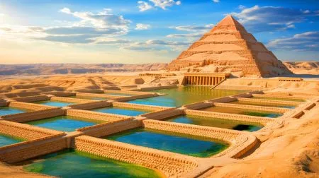 Illustration of the sophisticated water management system beneath the Pyramid of Djoser in ancient Egypt.