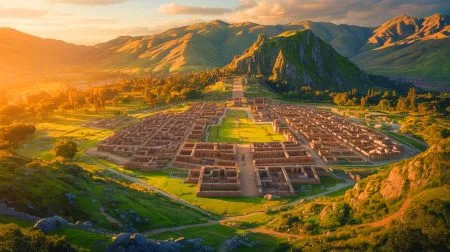 Illustration of the recently discovered ancient city of Peñico in Peru, showcasing the Caral civilization's sustainable urban planning.