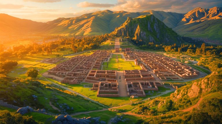 Illustration of the recently discovered ancient city of Peñico in Peru, showcasing the Caral civilization's sustainable urban planning.