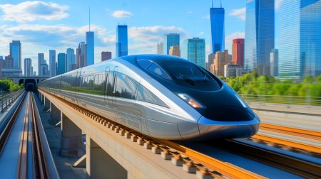 Illustration of a high-speed maglev train in operation.