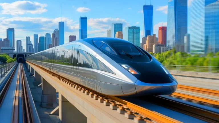 Illustration of a high-speed maglev train in operation.