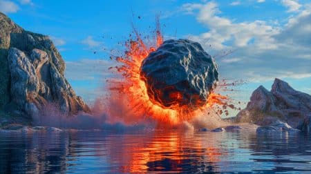 Illustration of an asteroid striking the North Sea, creating the Silverpit crater.