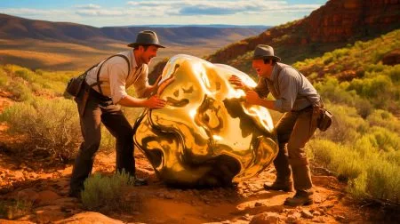 Illustration of the discovery of the "Welcome Stranger" gold nugget by British miners in Australia during the gold rush.