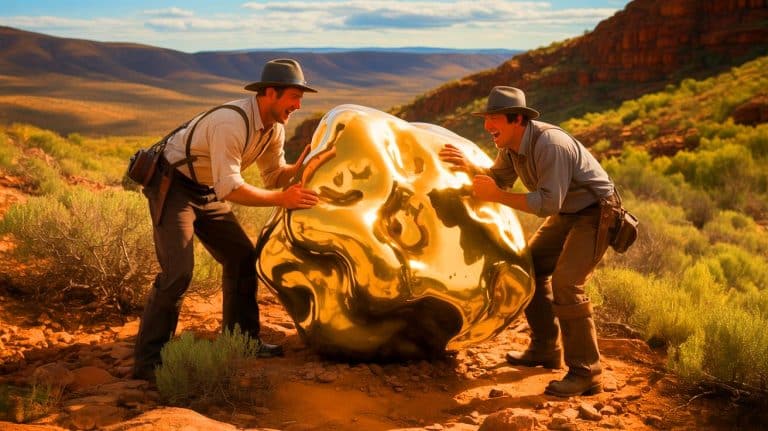 “It Broke Our Pickaxe”: Miners Unearth 159-Pound Gold Nugget Worth $2 Million in Australian Dirt Illustration of the discovery of the "Welcome Stranger" gold nugget by British miners in Australia during the gold rush.