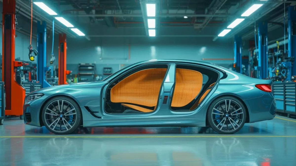 Illustration of BMW's exploration of flax fiber as a sustainable alternative to carbon fiber in automotive manufacturing.