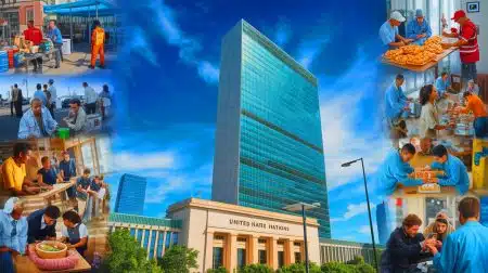 Illustration of the United Nations headquarters facing a financial crisis impacting global humanitarian efforts.