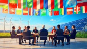 Illustration of global leaders announcing new climate targets ahead of COP30.