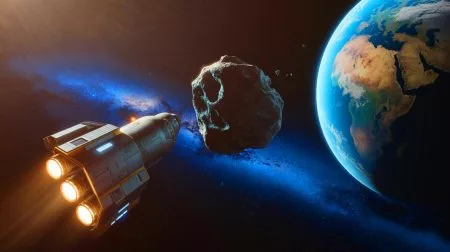 Illustration of an asteroid deflection mission with observer and impactor spacecraft.