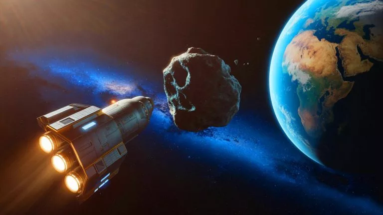 Illustration of an asteroid deflection mission with observer and impactor spacecraft.