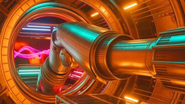 Illustration of a robotic arm system designed for maintenance in nuclear fusion reactors.