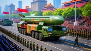 “China Can Hit Any Target On Earth”: Beijing Unveils DF-5C Nuclear Missile With 12,427 Mile Range That Carries Ten Warheads While Putin And Kim Jong-Un Watch Illustration of the DF-5C Intercontinental Ballistic Missile Displayed During the Victory Day Parade in Beijing.