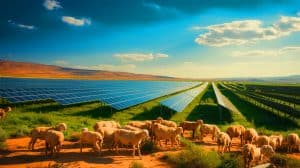 Illustration of a vast solar farm transforming the arid landscape and promoting ecological growth in northwestern China.