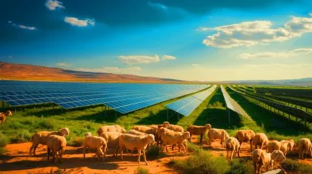 Illustration of a vast solar farm transforming the arid landscape and promoting ecological growth in northwestern China.