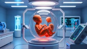 Illustration of a humanoid machine designed for artificial gestation.