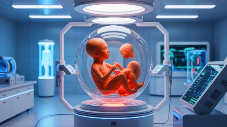 Illustration of a humanoid machine designed for artificial gestation.