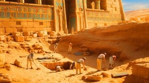 Illustration of the quest to uncover Cleopatra's long-lost tomb.