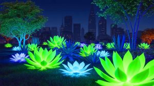 Illustration of bioluminescent plants glowing in a cityscape at night.