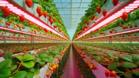 Illustration of Dyson's innovative vertical strawberry farming system in a large indoor greenhouse.
