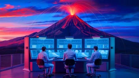 Illustration of AI technology monitoring seismic activity beneath Campi Flegrei volcano.