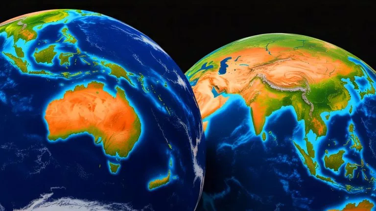 Illustration of Australia drifting toward Asia, symbolizing the impending geological collision.