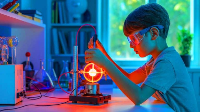 Illustration of a young boy achieving nuclear fusion at home with a homemade reactor.